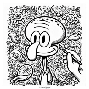 Squidward Coloring Page And SpongeBob Painting Self Portraits