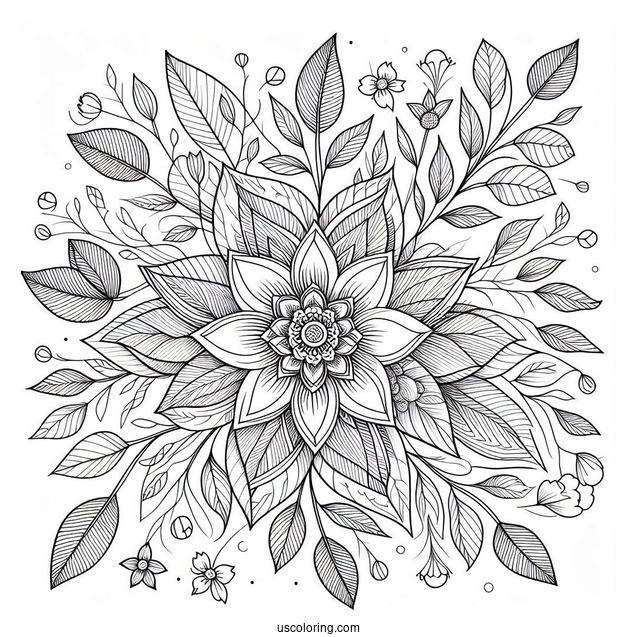 Detailed Flower Mandala With Loose Petals And Leaves Coloring Page