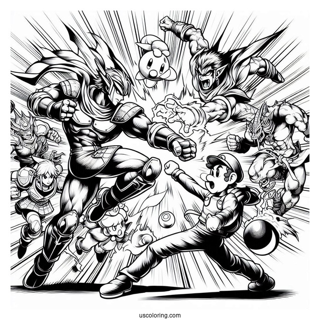Super Smash Bros Coloring Page Of Characters Fighting For Kids