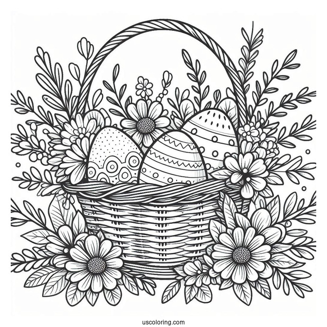Easter Coloring Page Of Floral Happy Easter Basket With Eggs