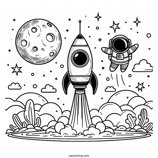 Rocket On The Moon With Astronaut Coloring Page For Kids