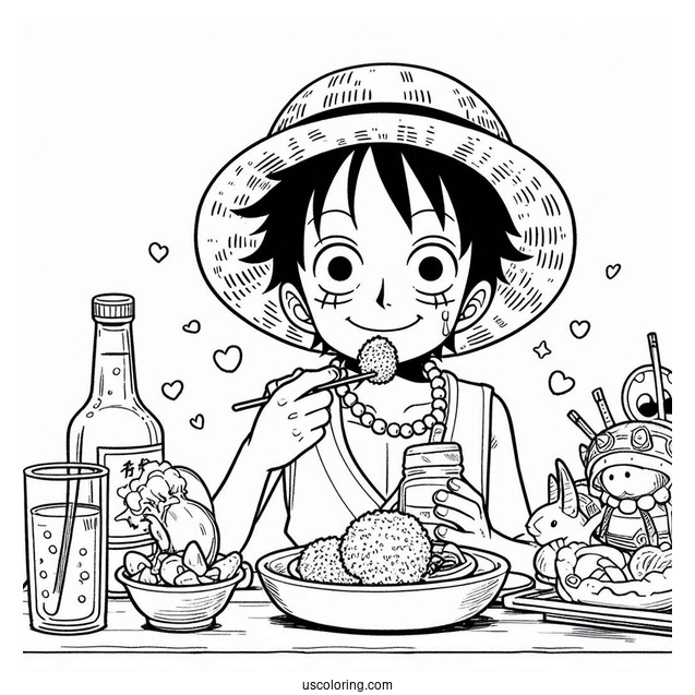 Luffy Coloring Page Eating And Drinking With Nami