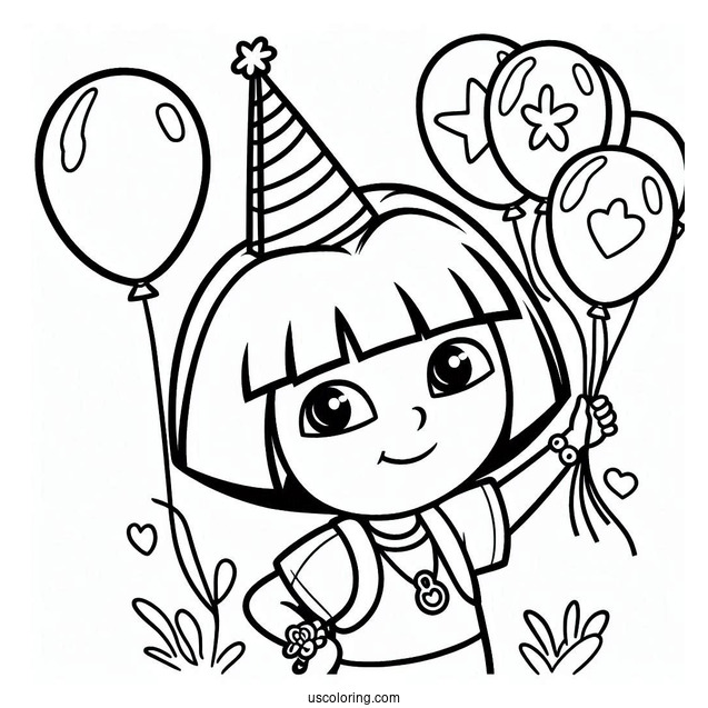 Dora Holding Happy Birthday Balloons To Color