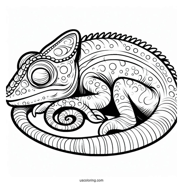 Lizard Coloring Page of Chameleon With Curled Tail Sleeping
