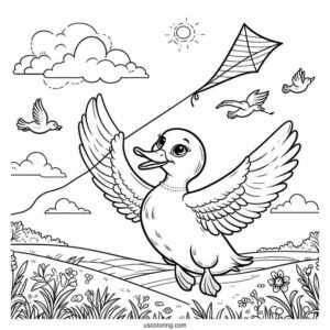 Duck Flying a Kite in the Countryside Coloring Page