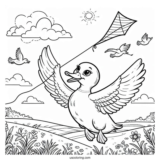Duck Flying a Kite in the Countryside Coloring Page