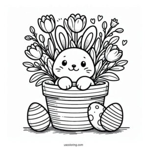 Easter Coloring Page Of Happy Easter With Bunny In A Flower Pot