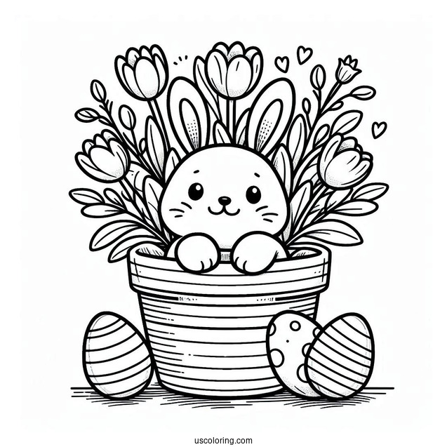 Easter Coloring Page Of Happy Easter With Bunny In A Flower Pot