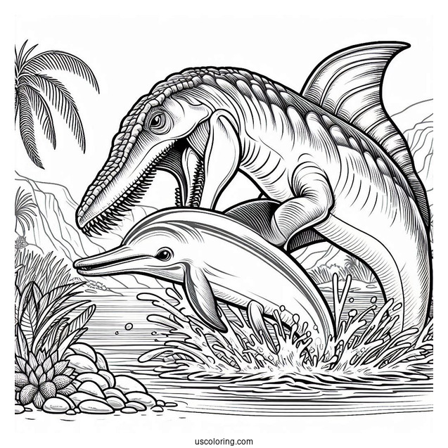 Spinosaurus Coloring Page Biting A River Dolphin