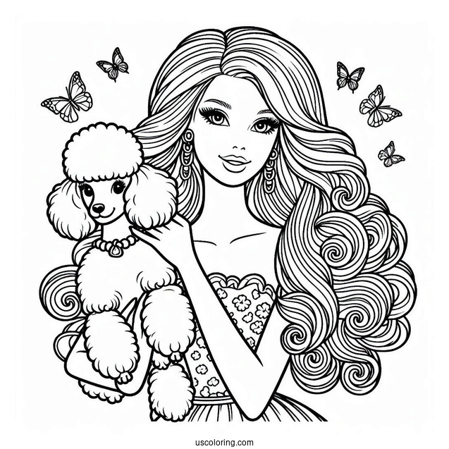 Barbie Holding Poodle Dog To Color