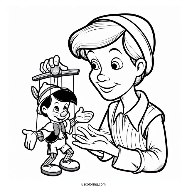 Geppetto Controlling Puppet Pinocchio Coloring Page