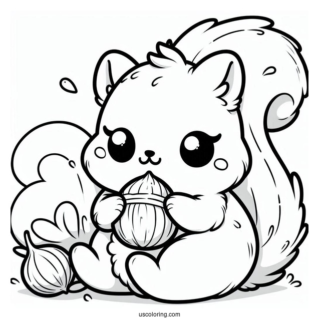 Kawaii Fluffy Squirrel Coloring Page Chewing On Nut