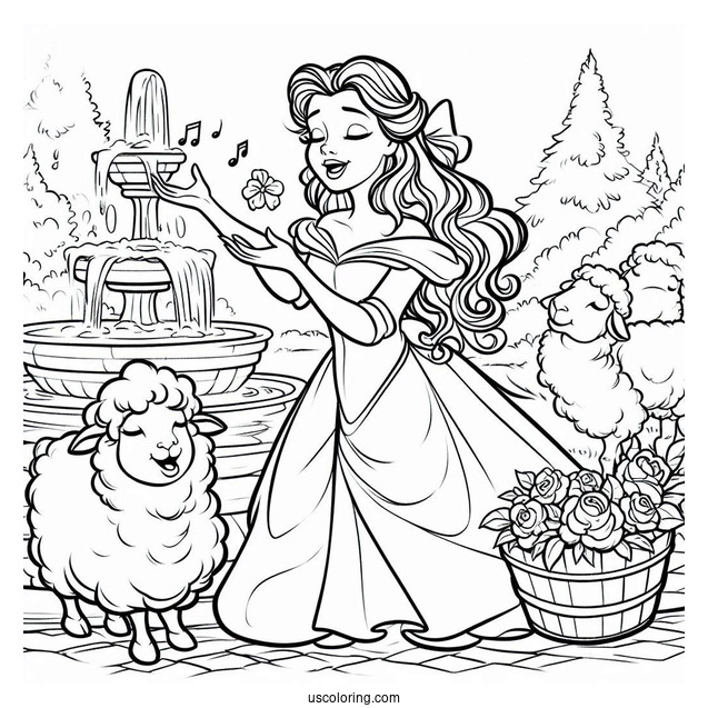 Belle Singing To Sheep At The Water Fountain