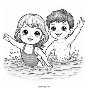 Realistic Little Boy And Girl Swimming Coloring Page
