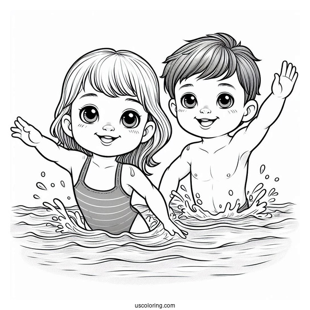 Realistic Little Boy And Girl Swimming Coloring Page