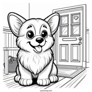 Smiling Corgi In Front Of Door To Color