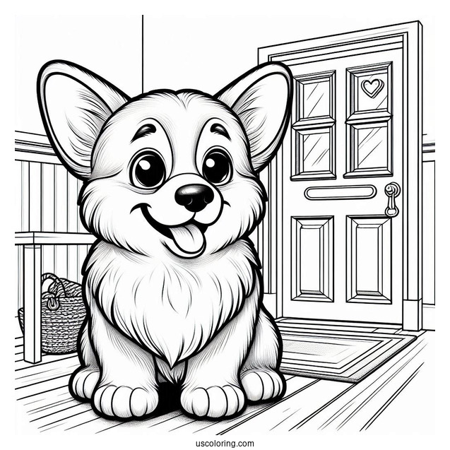 Smiling Corgi In Front Of Door To Color