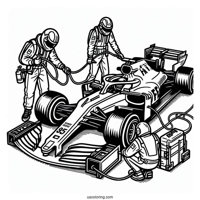 F1 Coloring Page Pit Stop Crew Servicing Race Car