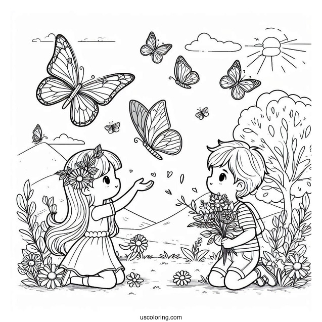 Boy And Girl Playing In Nature With Butterflies