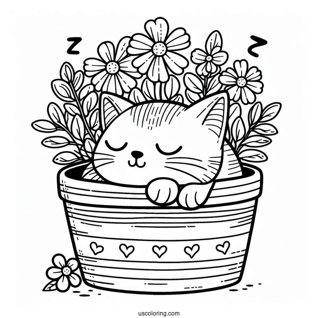 Cat Sleeping Inside Flower Pot Coloring Page