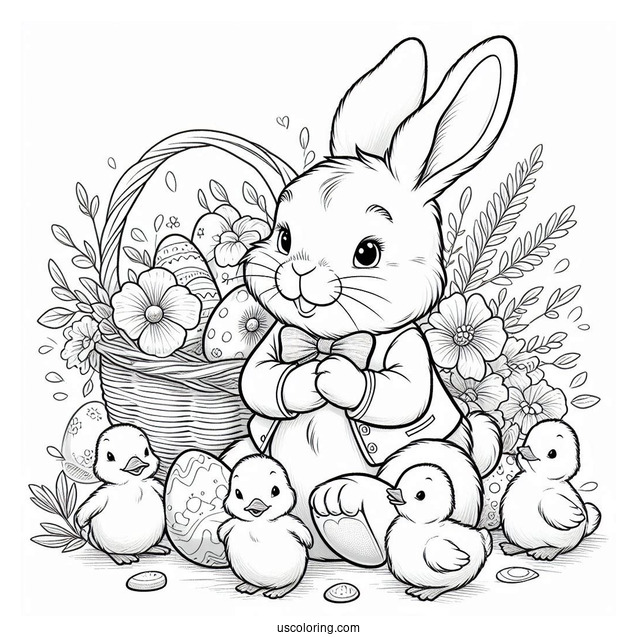 Peter Rabbit Coloring Page Surrounded By Ducklings And Easter Eggs