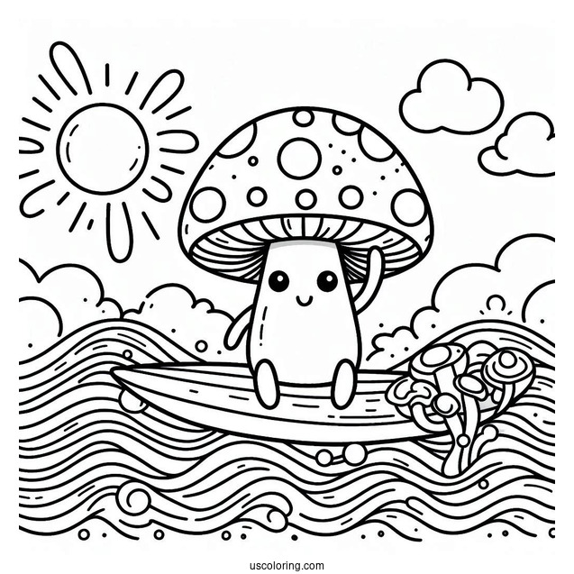 Cute Coloring Page Mushroom Surfing