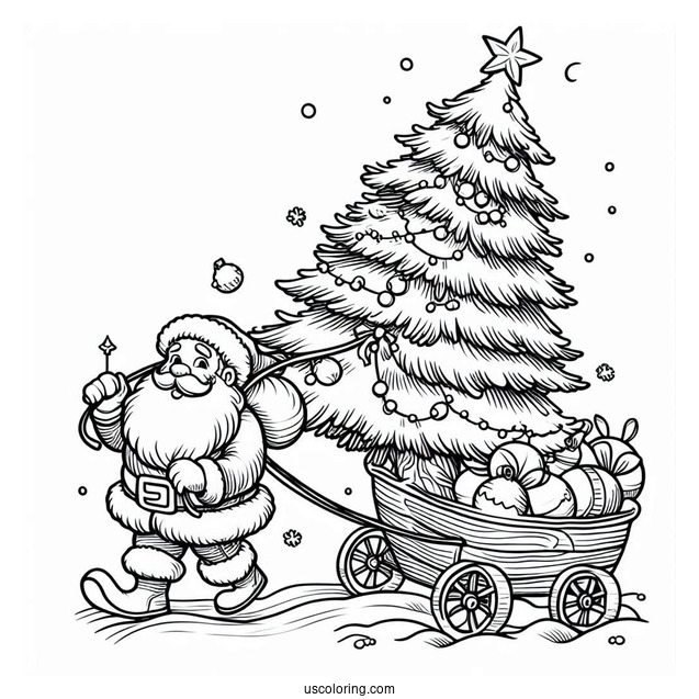 Santa Claus Hauling a Christmas Tree In The Snow