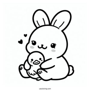 Kawaii Rabbit Hugging A Duckling Coloring Page