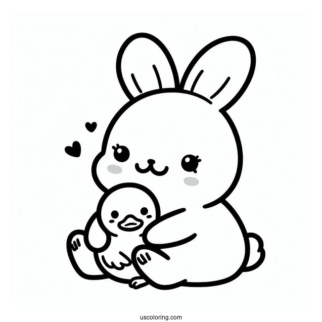 Kawaii Rabbit Hugging A Duckling Coloring Page