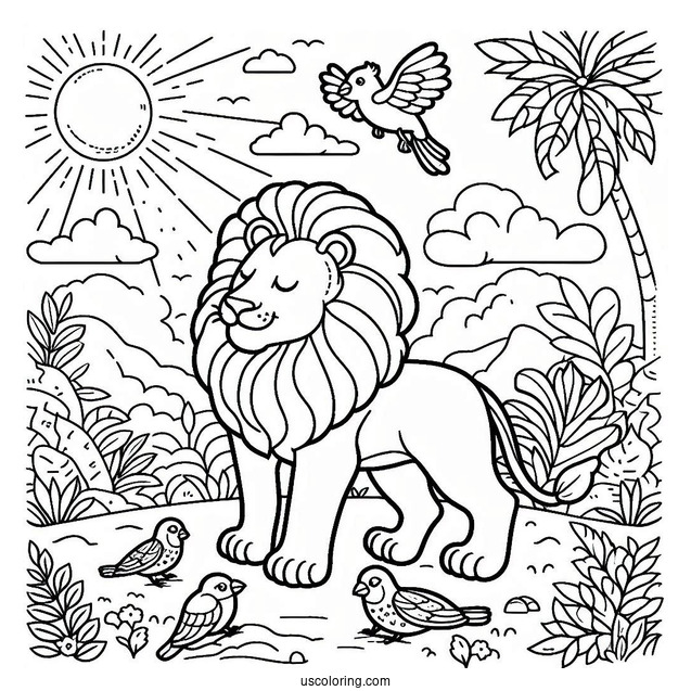 Lion With Birds Under The Sun In Jungle Coloring Page