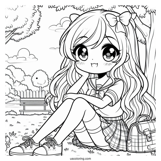 Kawaii School Girl Sitting In A Park Coloring Page