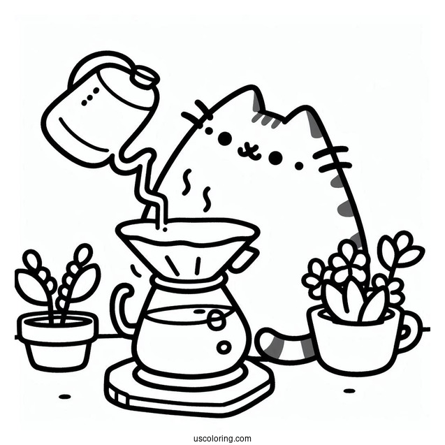 Pusheen Making Pour Over Coffee