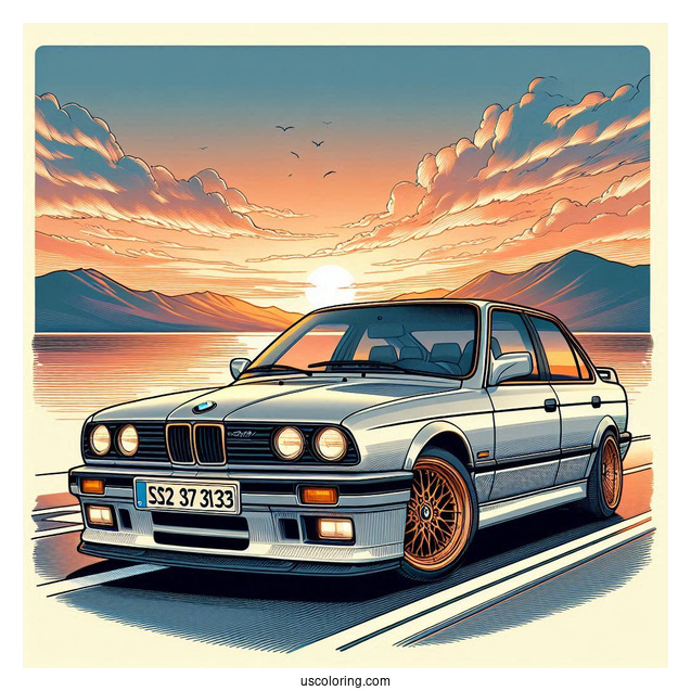 Detailed 3 Series (E30) BMW Coloring Page On Race Track At Sunset