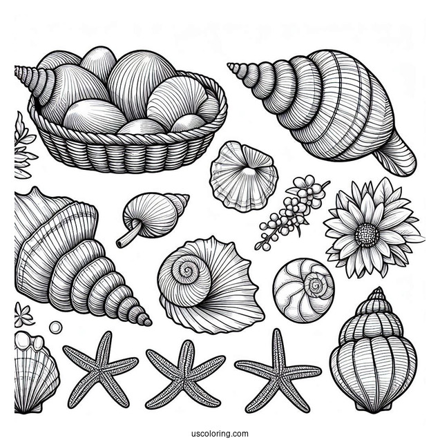 Summer Coloring Page Of Full Page Realistic Seashells