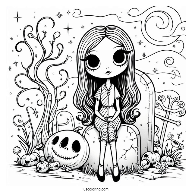 Cute Sally Sitting On Tombstone Coloring In