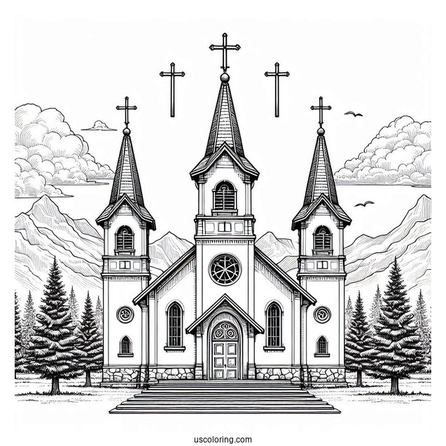Realistic Church Coloring Page With Three Crosses At The Top