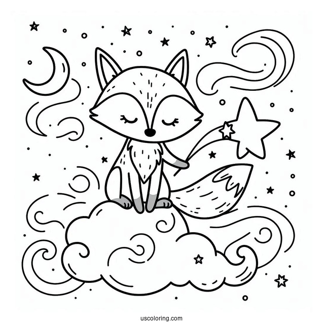 Lovely Fox Coloring Page Holding A Star On A Cloud For Preschoolers