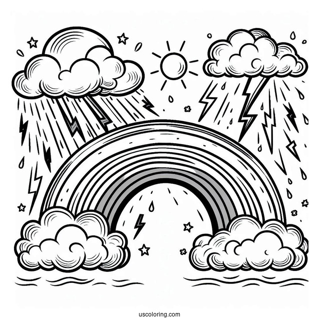 Rainbow With Storm Clouds And Lightening To Color