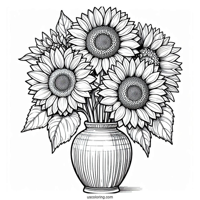Detailed Sunflowers In Vase For Coloring