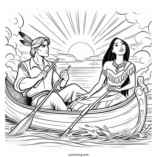 Pocahontas And John Smith On Canoe Coloring In