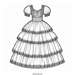 Long Dress Coloring Page With Puff Sleeves And Layered Skirt Coloring Page