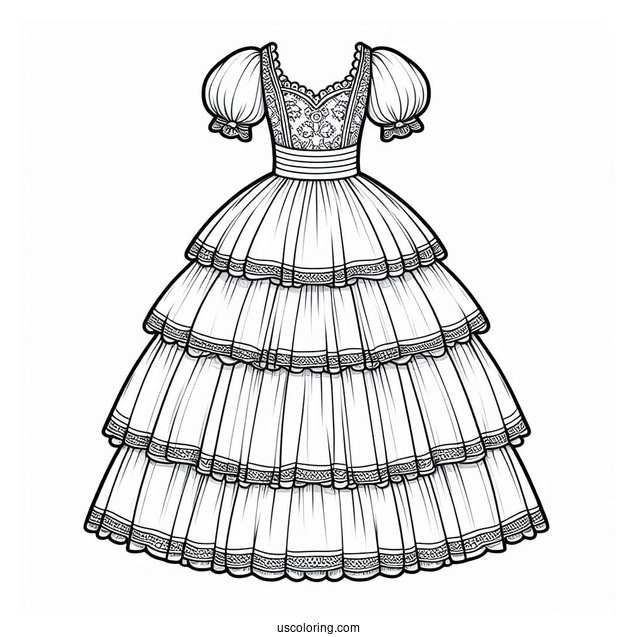 Long Dress Coloring Page With Puff Sleeves And Layered Skirt Coloring Page