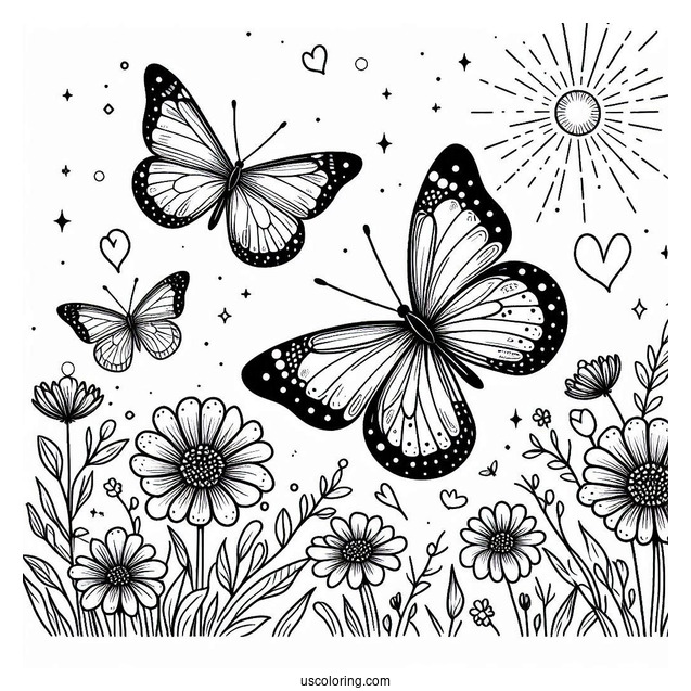 Butterflies Hovering Above Flowers In Spring