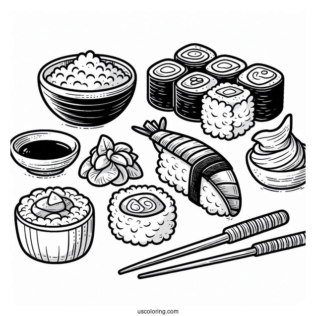 Cartoon Sushi Coloring Pages Variety, Wasabi, And Soy Sauce