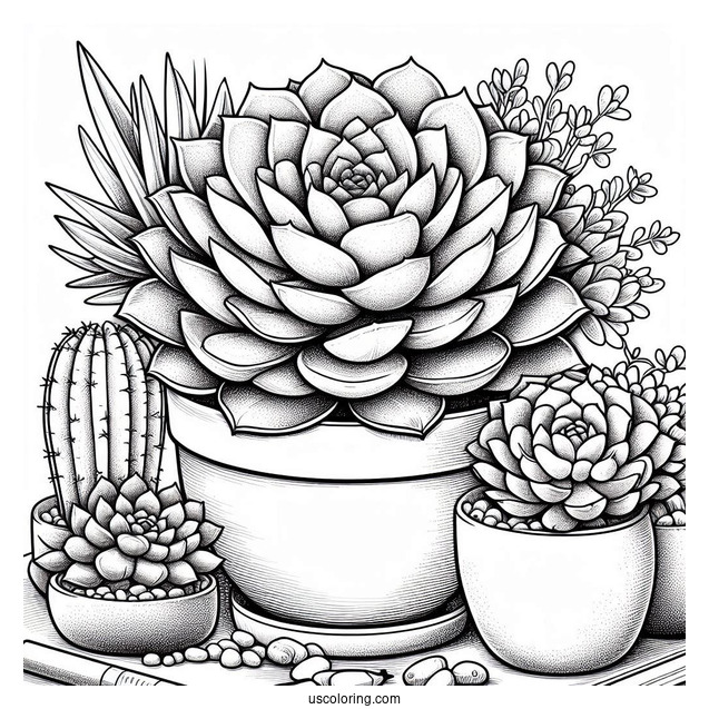 Realistic Succulent Coloring Page In A Flower Pot