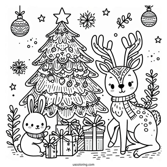 Cute Reindeer And Bunny With Christmas Tree