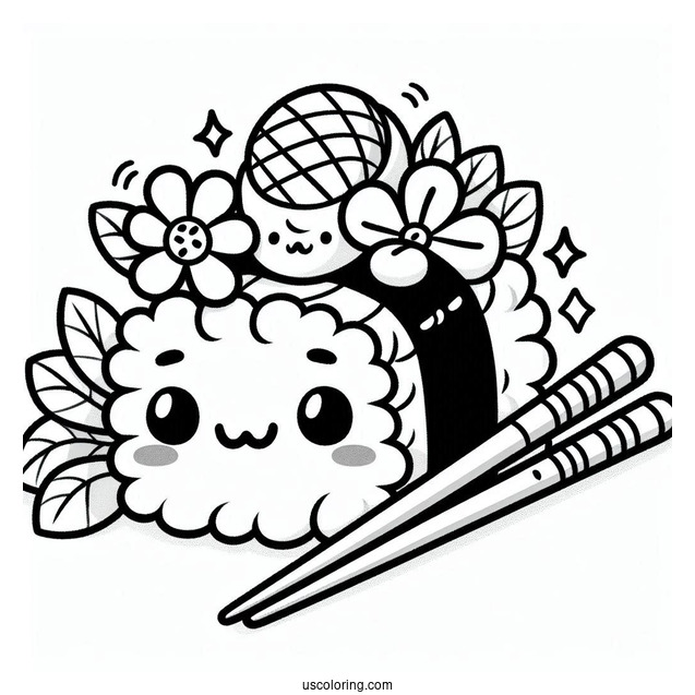Adorable Cartoon Sushi Coloring Pages With Flowers And Chopsticks