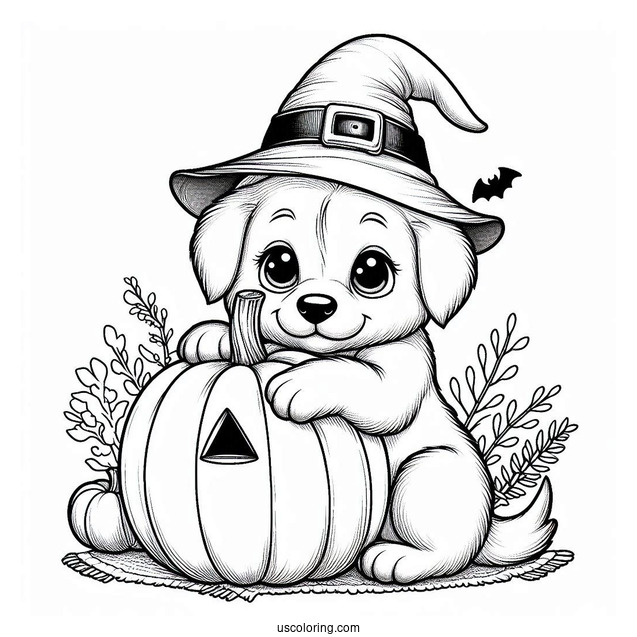 Adorable Puppy Wearing A Witch Hat While Hugging A Pumpkin Coloring Page