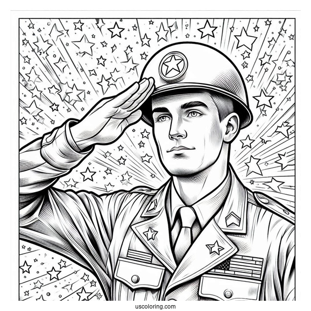 American Soldier Coloring Page Saluting With Stars In Background