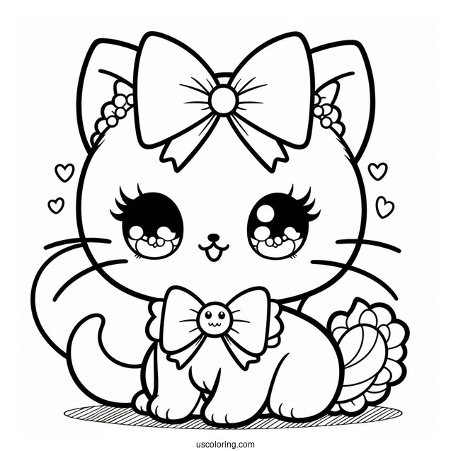 Kawaii Female Cat With Bow Coloring In